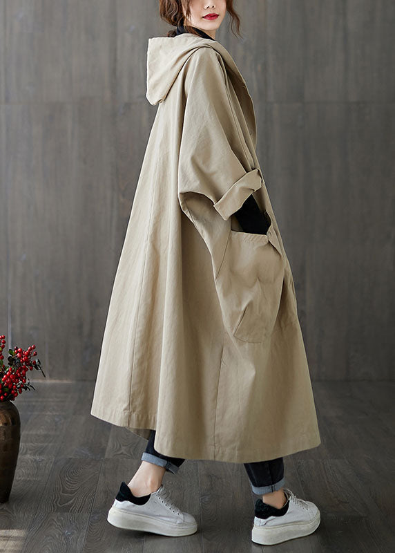 Khaki Hooded Pockets Cotton Loose Coat Spring