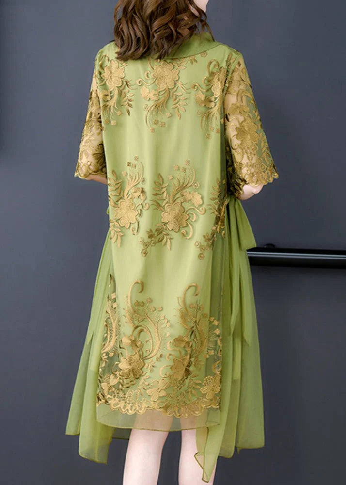 Boutique Green O-Neck Asymmetrical Embroideried Floral Tie Waist Tulle Maxi Dress Summer