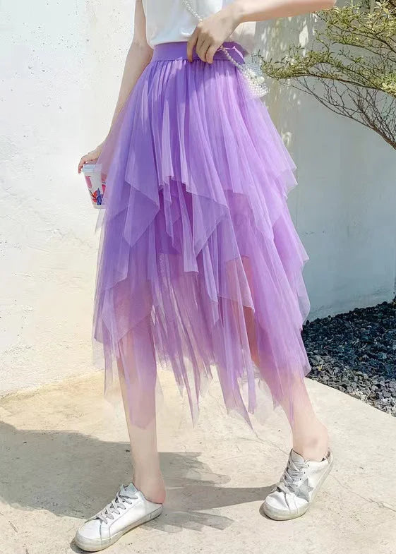 New Purple Asymmetrical Elastic Waist Tulle Skirt Summer