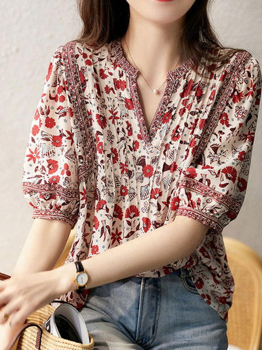 French Print Bubble Sleeve Blouse Top