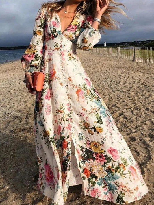 Casual V Neck Floral Button Maxi Dress Lantern Sleeve