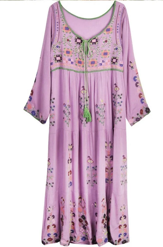 Bohemian Purple O-Neck Embroidered Floral Cotton Holiday Dresses