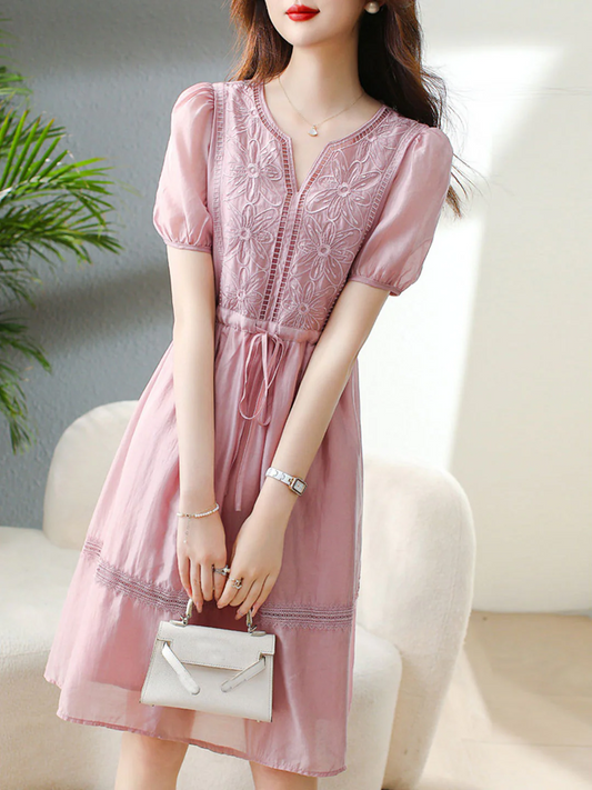 Elegant V-Neck Embroidered Patchwork Short Sleeve Dress