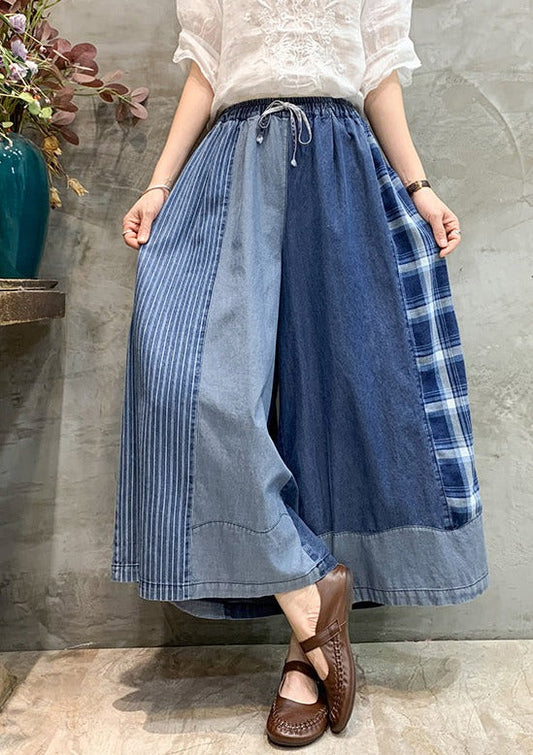 Casual Plaid Split-Joint Drawstring Elasticity Ninth Denim Pants