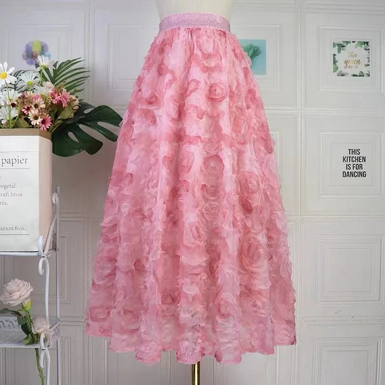 Sakura Gradient Pink Embroidered Floral Elastic Waist Tulle Maxi Skirt