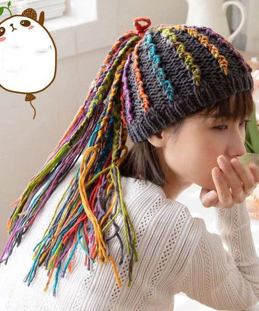 Stylish Grey Striped Tassel Warm Fleece Knit Bonnie Hat