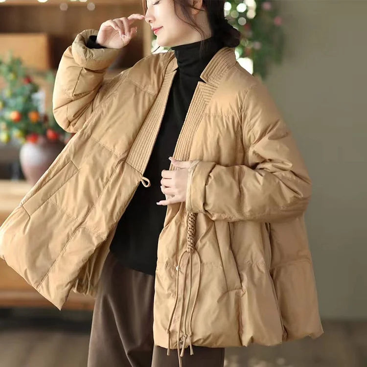 Style Green V Neck Oversized Oriental Button Duck Down Puffer Coat Winter