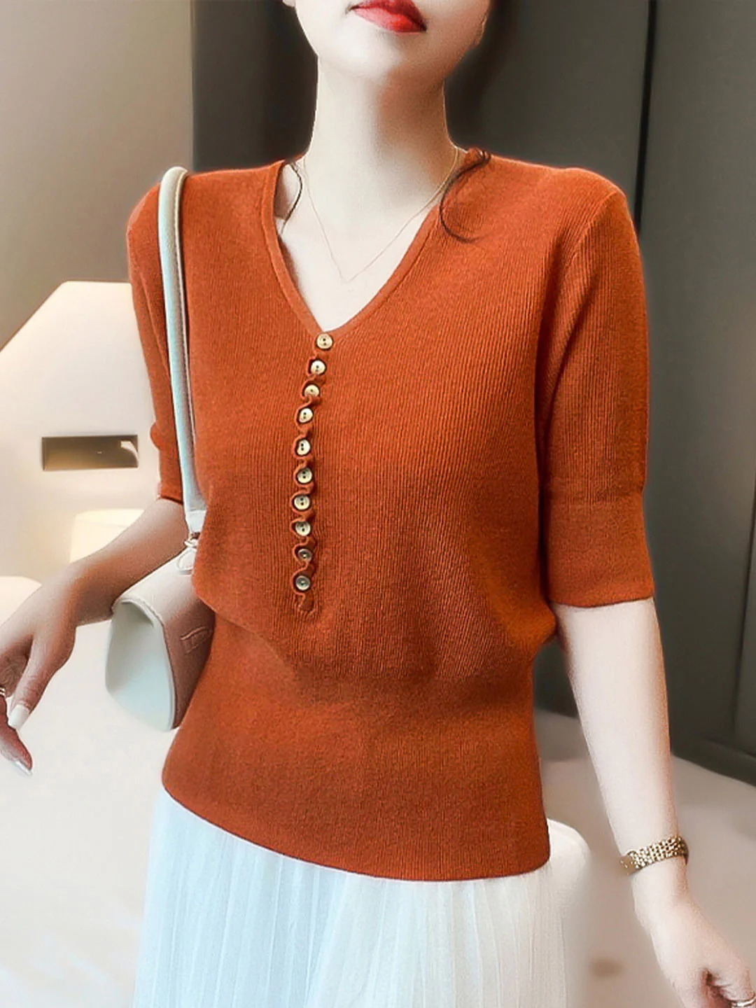 V-Neck Buttoned Knit Short Sleeve Top