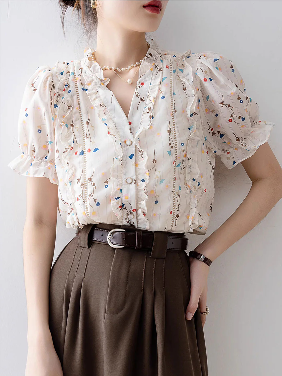 Elegant V-Neck Printed Chiffon Ruffle Short Sleeve Blouse Top