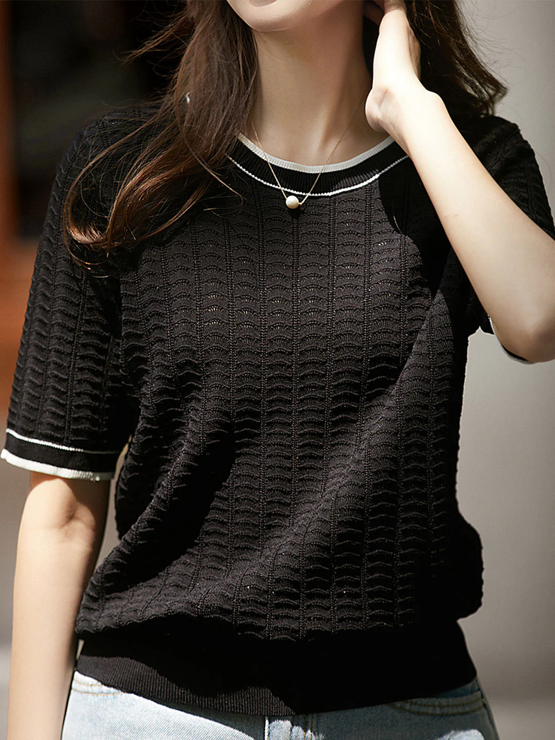 Elegant Round Neck Knit Short Sleeve Shirt Top