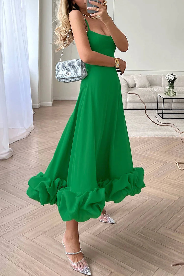 Celebrities Elegant Solid Fold Square Collar Sling Dresses