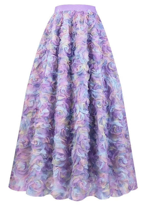 Sakura Gradient Pink Embroidered Floral Elastic Waist Tulle Maxi Skirt