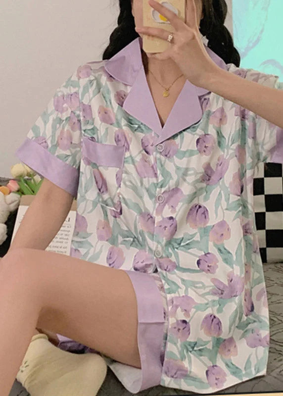 Purple Button Ice Silk Pajamas Two Piece Set Summer