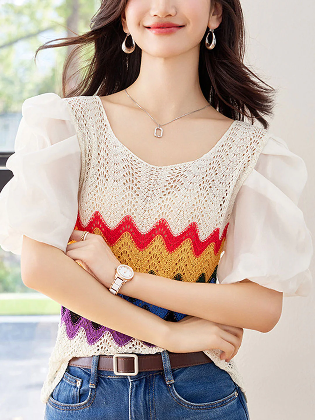 Elegant Patchwork Bubble Sleeve Cutout Knit Top