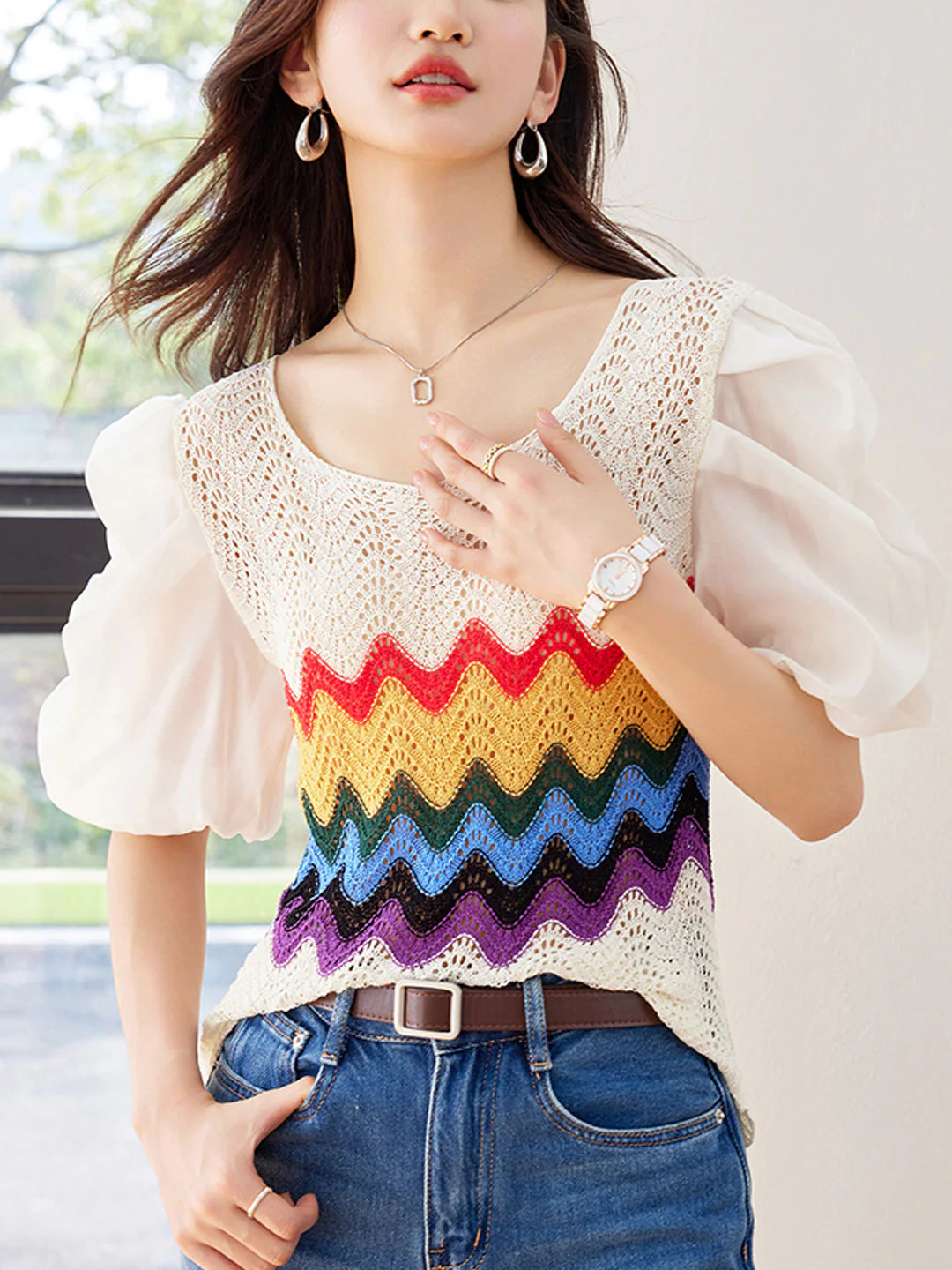 Elegant Patchwork Bubble Sleeve Cutout Knit Top