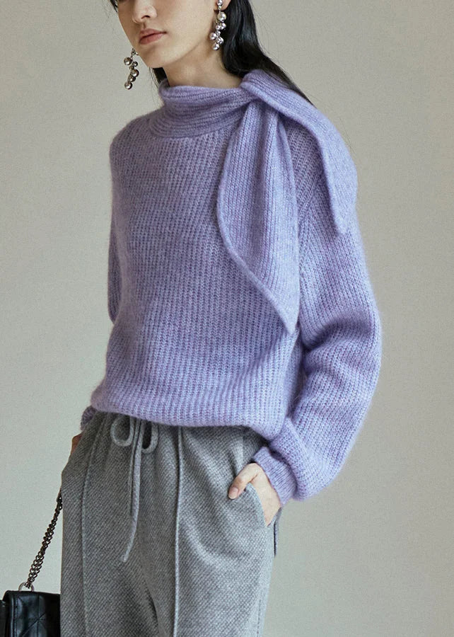 Chic Purple Lace Up Patchwork Cozy Knit Sweaters Fall