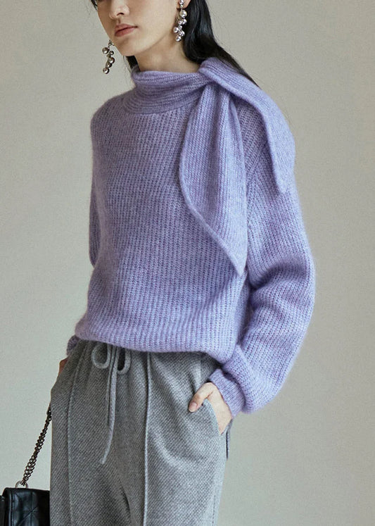 Chic Purple Lace Up Patchwork Cozy Knit Sweaters Fall