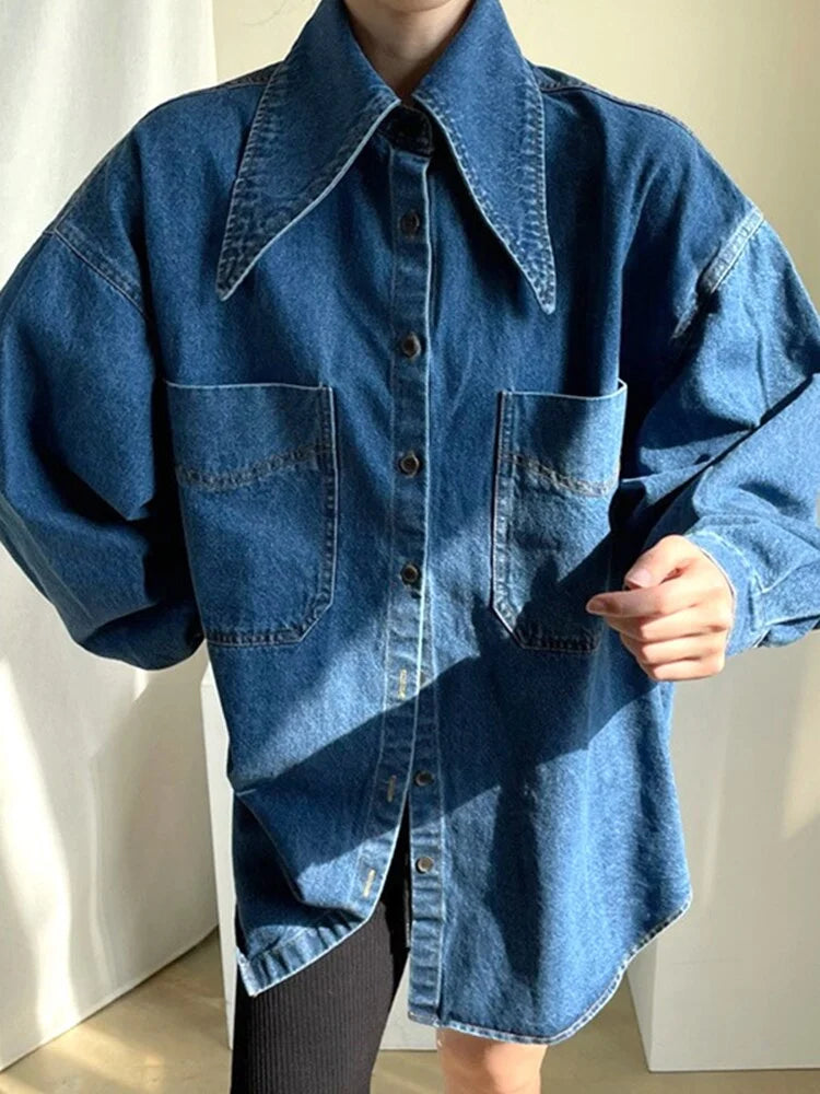 Urban Blue Peter Pan Collar Pockets Single-breasted Long Sleeve Denim Shirt