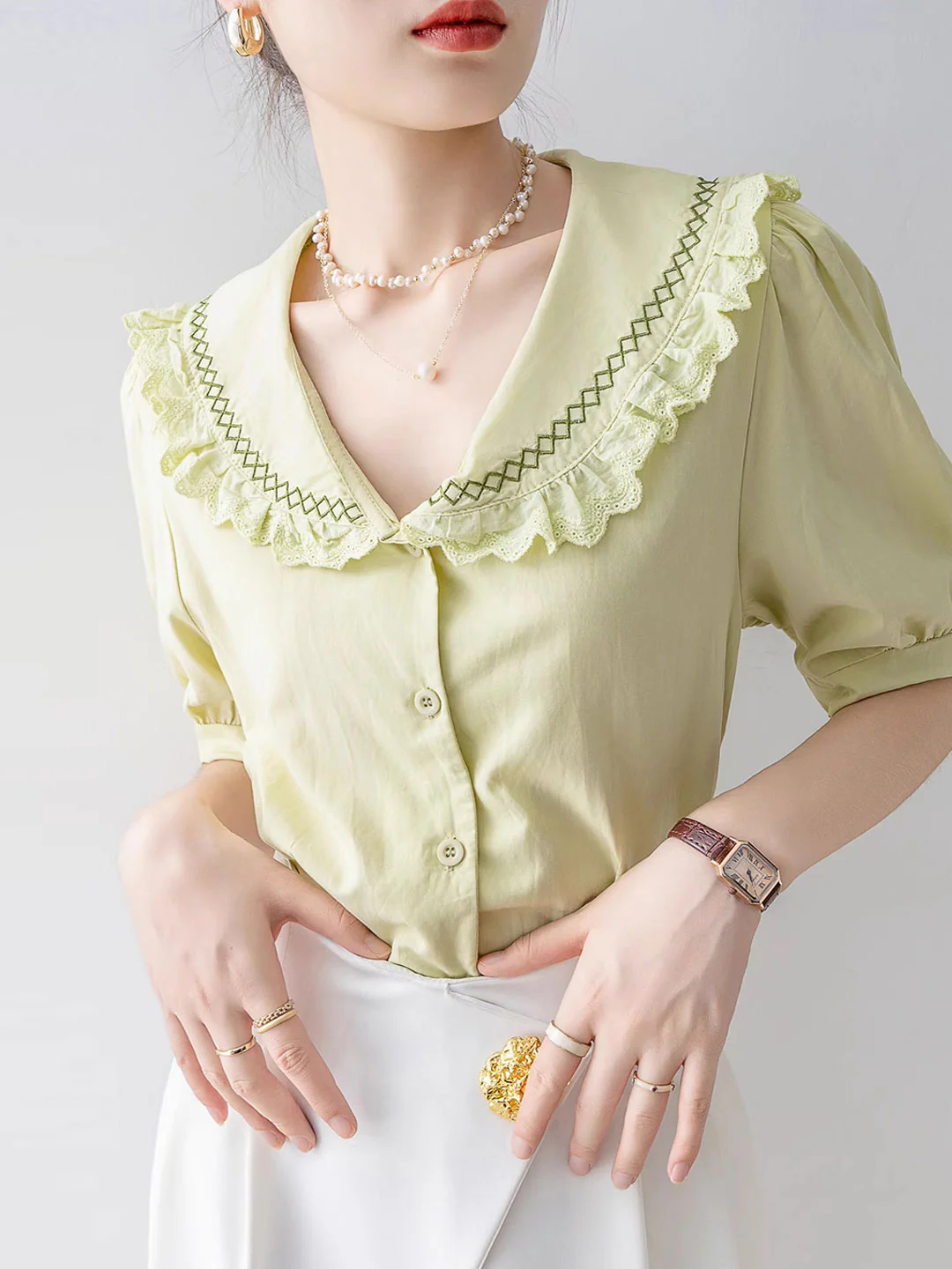 Vintage Lapel Neck Embroidered Lace Short Sleeve Blouse Top