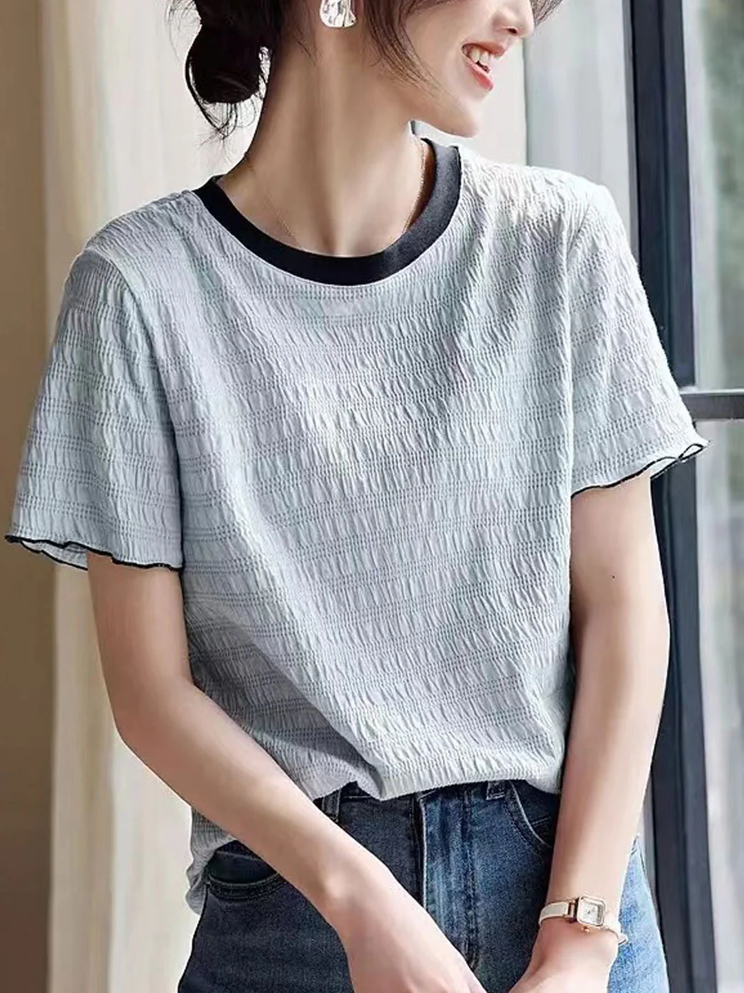 Elegant Round Neck Textured Patchwork Short Sleeve Top