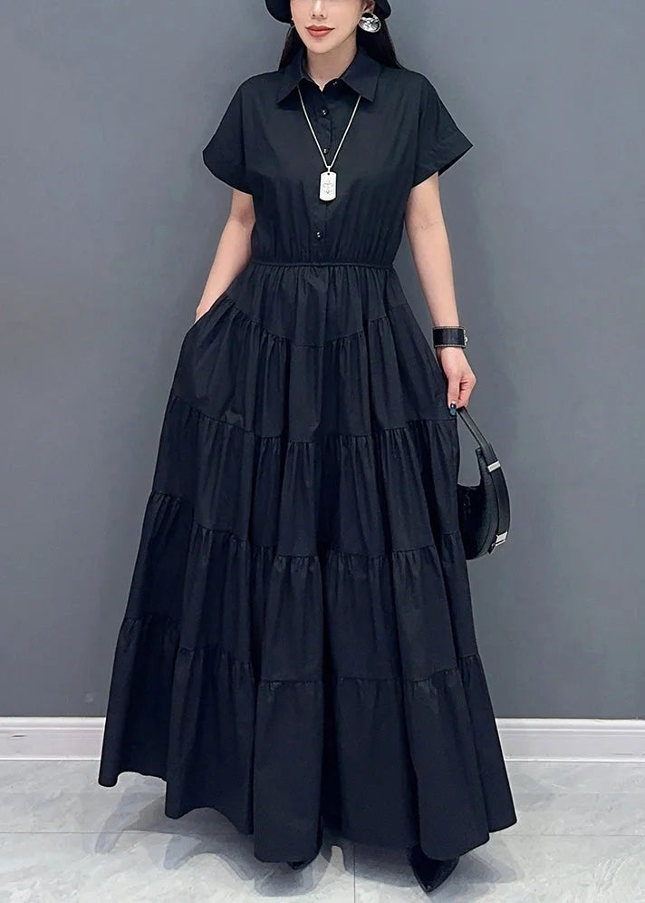 Black Button Cotton Maxi Dress Peter Pan Collar Short Sleeve