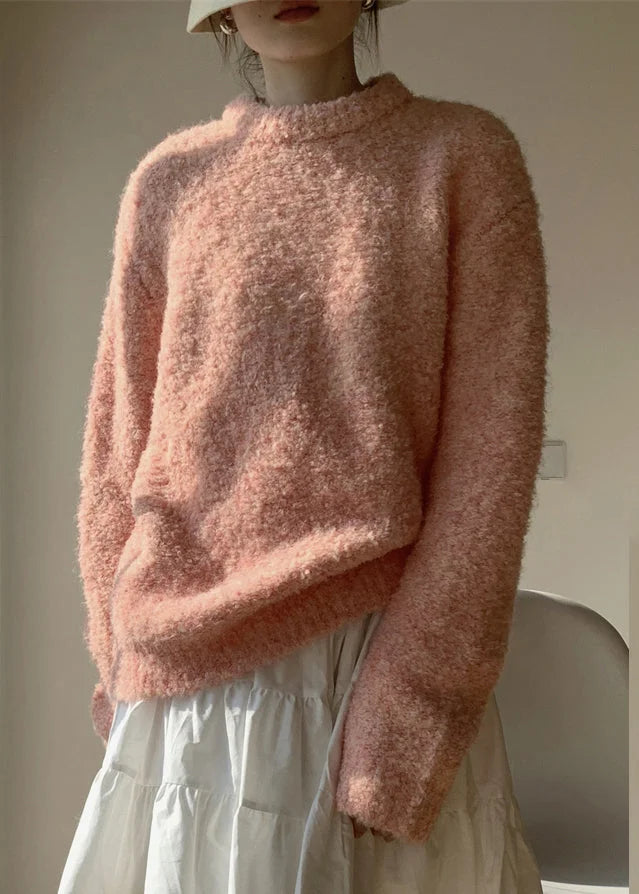 Loose Pink O-Neck Solid Fluffy Sweaters Winter