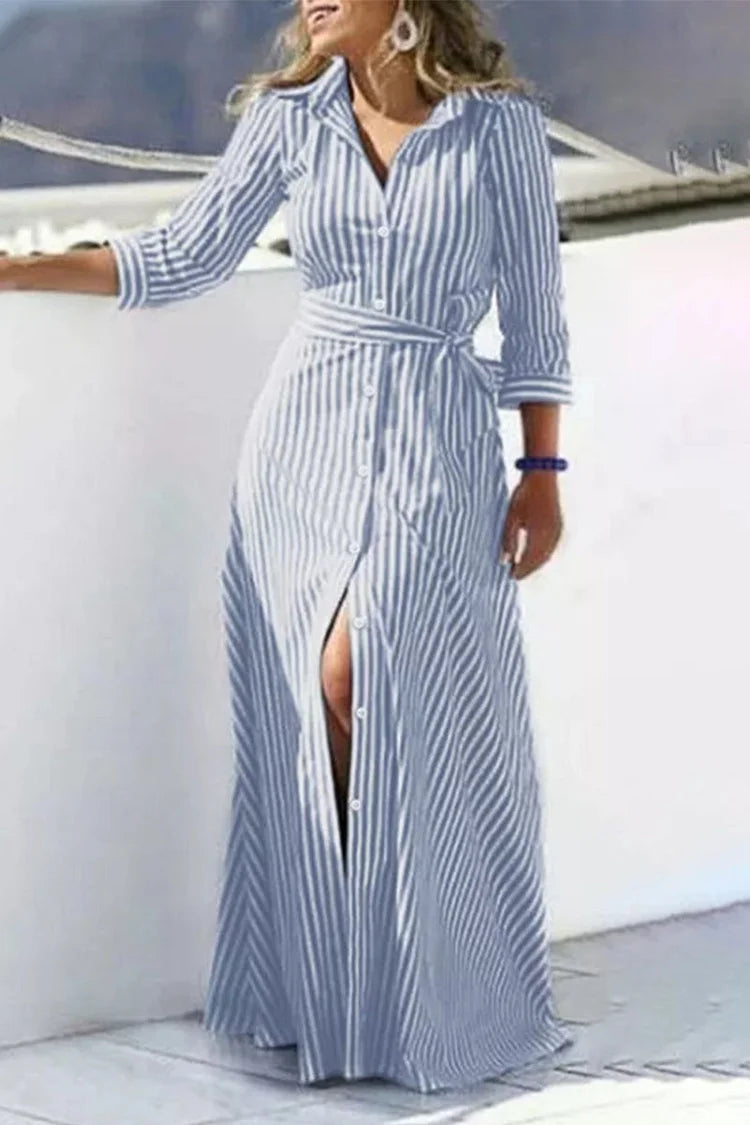 Casual Striped Print Buckle With Belt Turndown Collar Shirt Dress