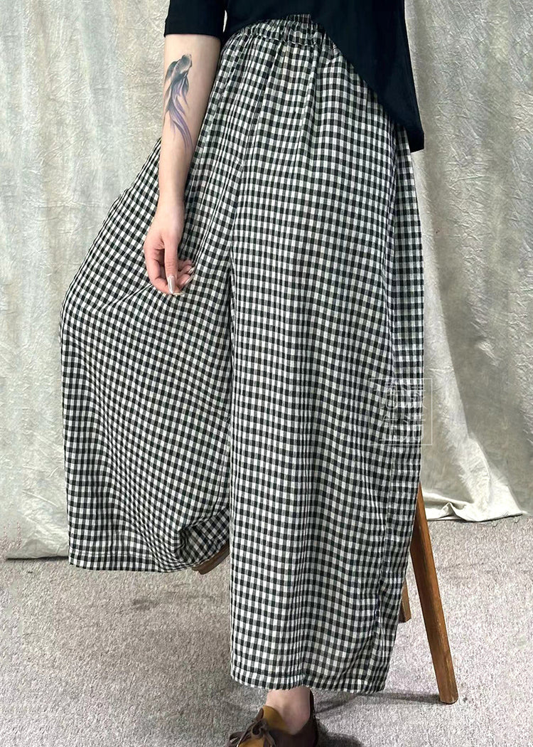 Loose Plaid Pocket Elastic Waist Cotton Wide Leg Pants