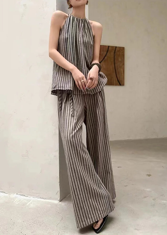 French Fashion Coffee Striped Top Summer