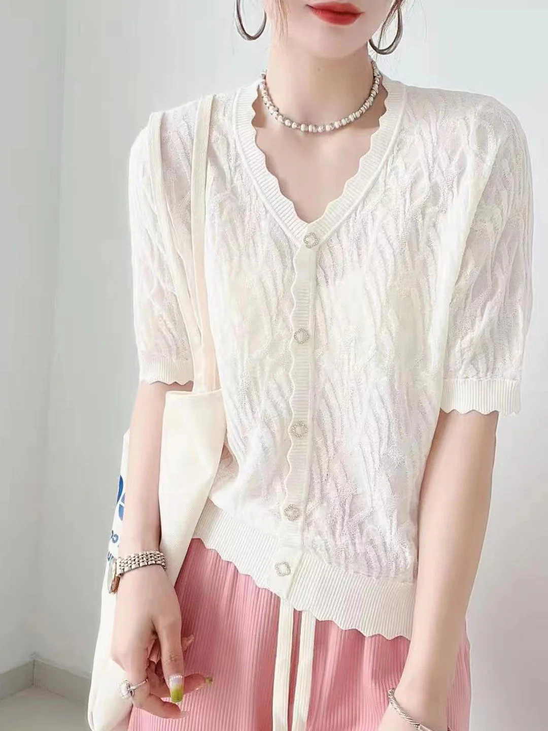 Elegant Jacquard Knit Cardigan Short Sleeve Blouse Top