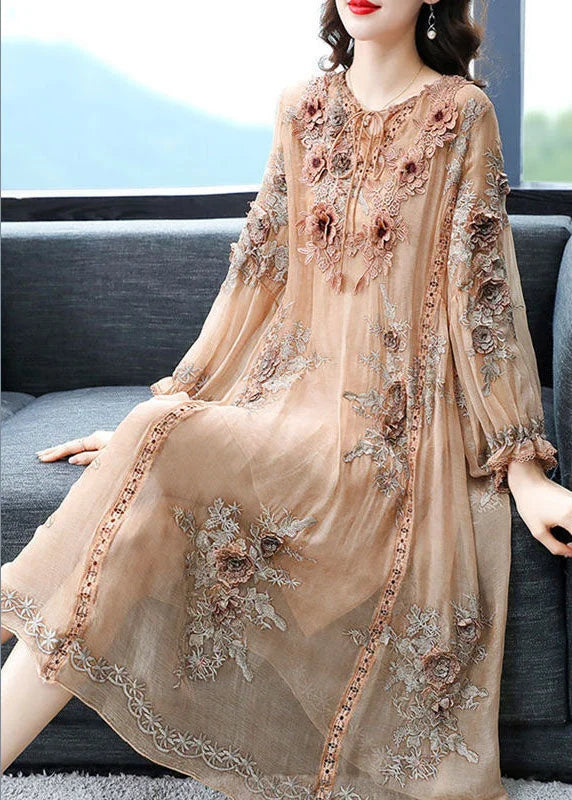 Elegant Beige Lace Up Jacquard Silk Holiday Dress Long Sleeve