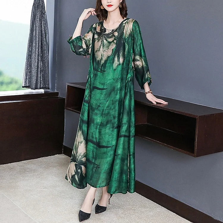 Loose Casual Green Print Beach Maxi Midi Dress