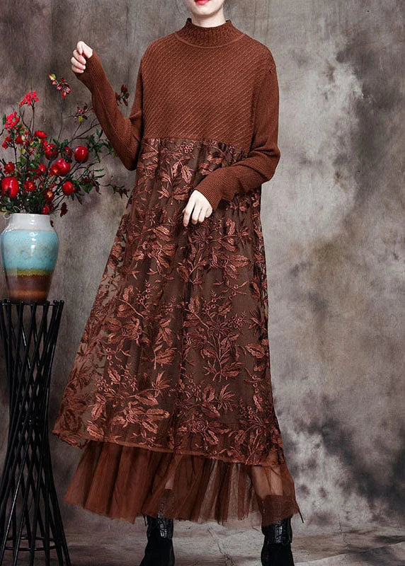 Coffee O-Neck Embroideried Patchwork Fall Long Knit Dress