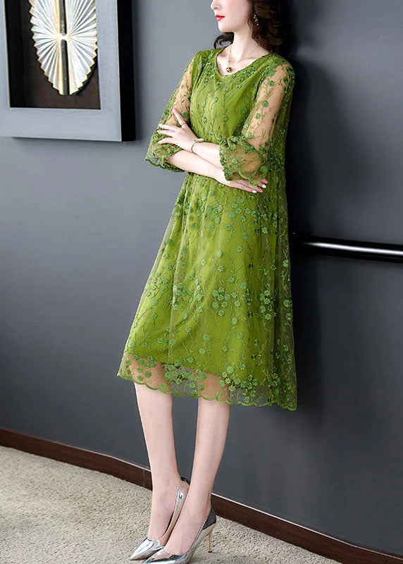 Chic Green O Neck Embroideried Patchwork Tulle Mid Dress Summer