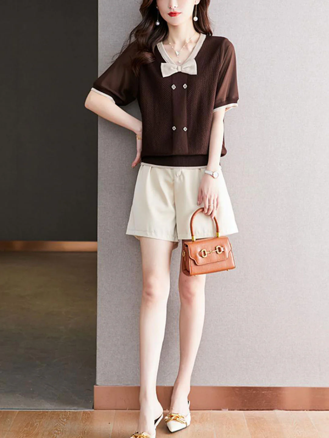 Elegant V-Neck Bow Knit Short Sleeve Blouse Top