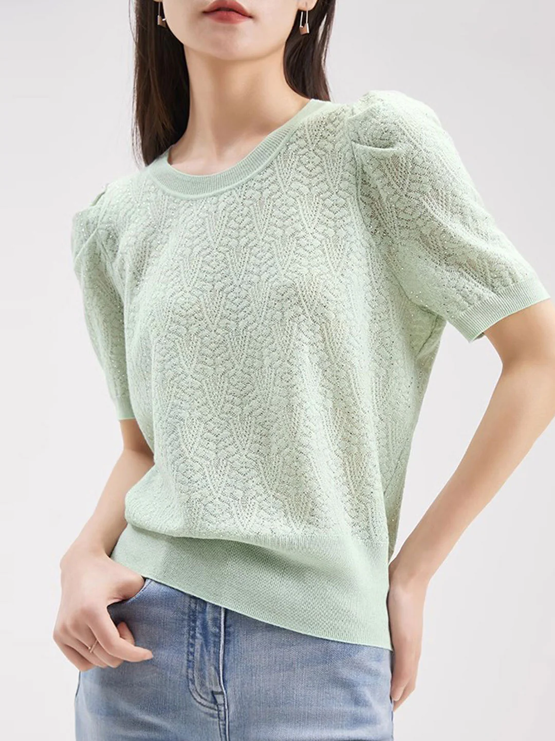 Elegant Round Neck Hollow Out Perm Knit Short Sleeve Shirt Top