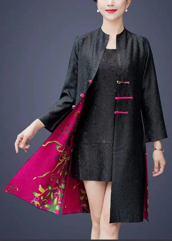 Chinese Style Rose Wrinkled Print Wear On Both Sides Silk Coat Fall