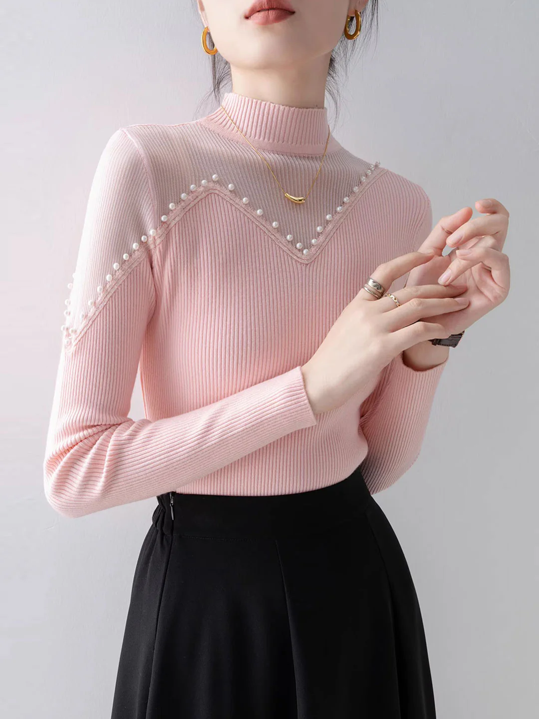 French Beaded Patchwork Knit Blouse Long Sleeve Top