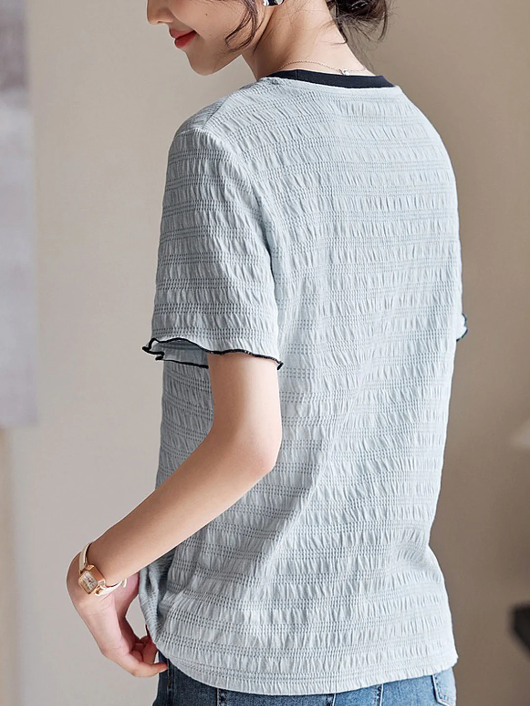 Elegant Round Neck Textured Patchwork Short Sleeve Top