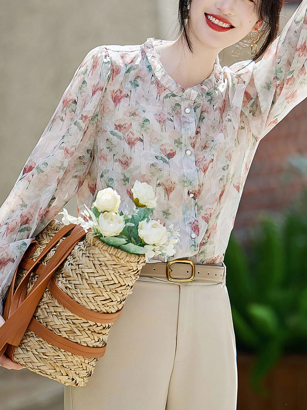 Elegant Printed Floral Ruffle Chiffon Blouse Top