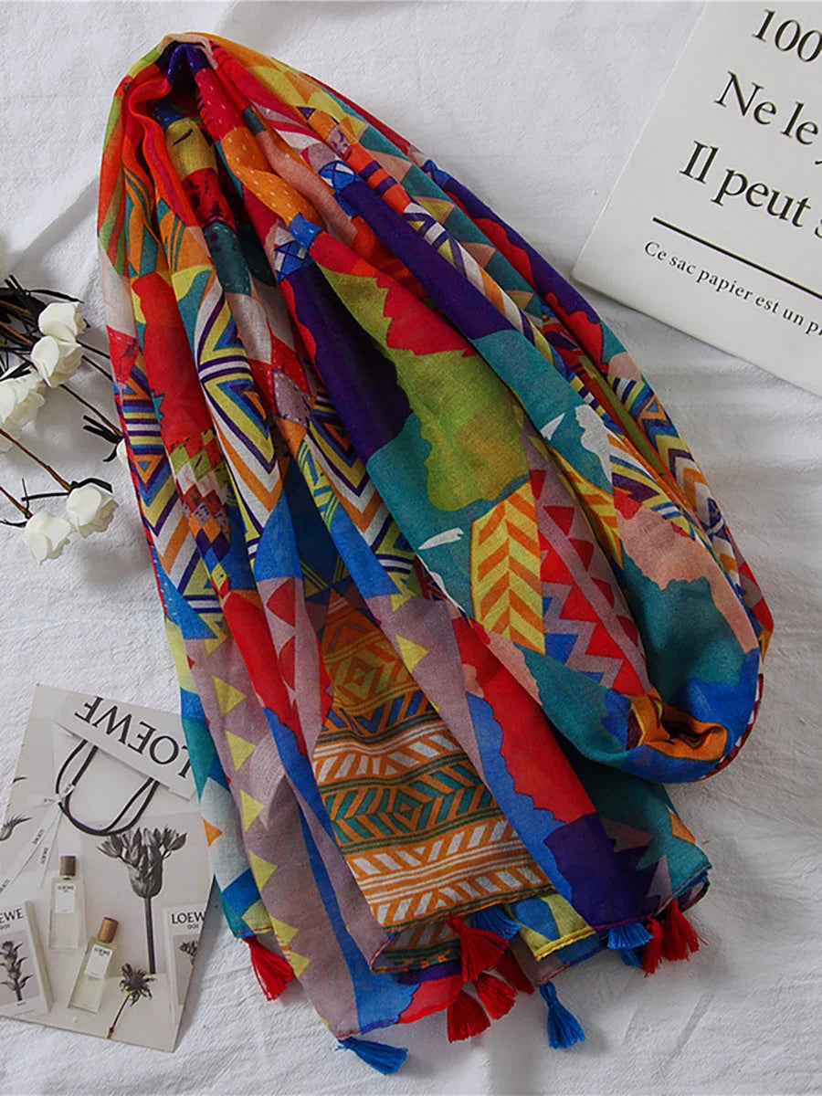 Women Vintage Sunscreen Tessel Printed Scarf