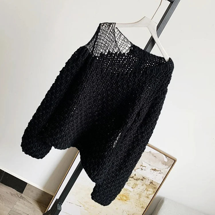 Design Beige Loose Round Neck Hollow Out Patchwork Weave Knitted Long Sleeve Sweater