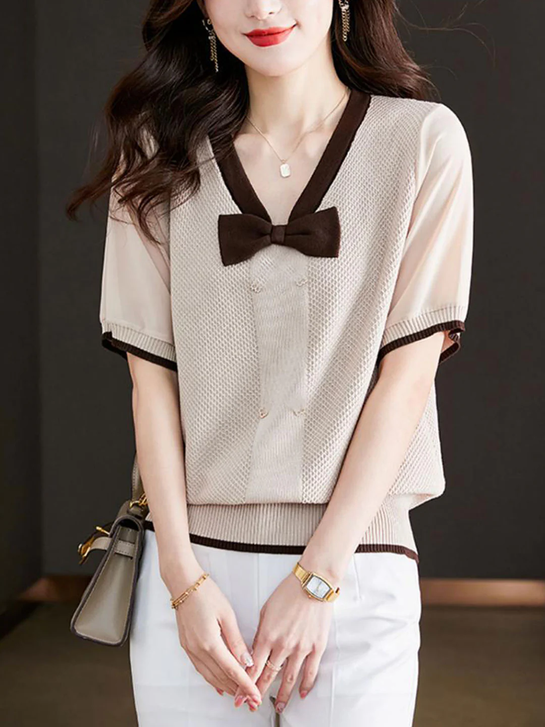 Elegant V-Neck Bow Knit Short Sleeve Blouse Top