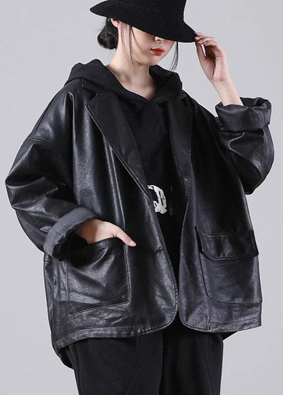 Unique Black Notched Pockets Button Fall Long PU Sleeve Coat