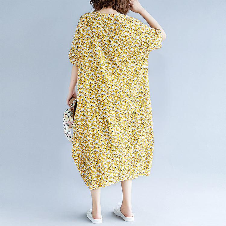 fashion yellow cotton linen dresses casual print short sleeve cotton gown fine o neck dresses