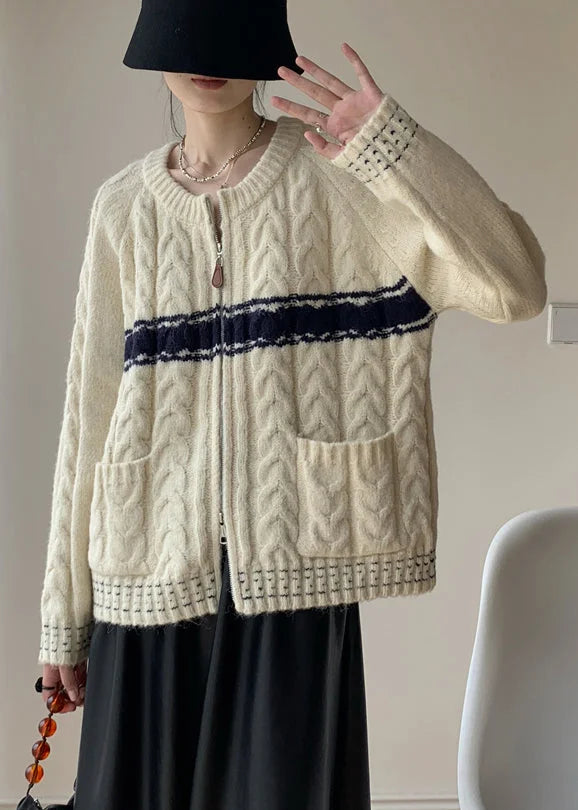 French Beige Zip Up Cozy Knit Sweater Winter