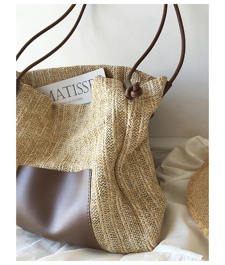 Handbags Straw Woven Tote Bag with Leather Accent