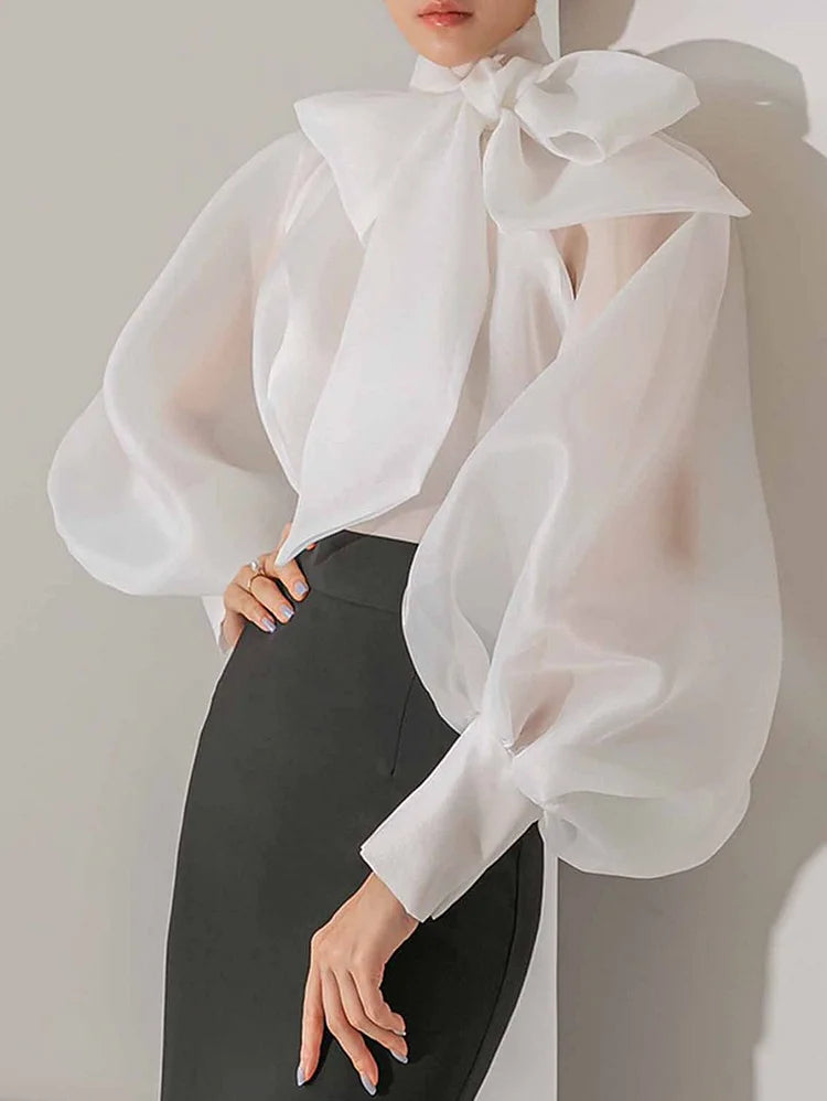 White Elegant Solid Color Bow Mock Neck Lantern Sleeve Blouse