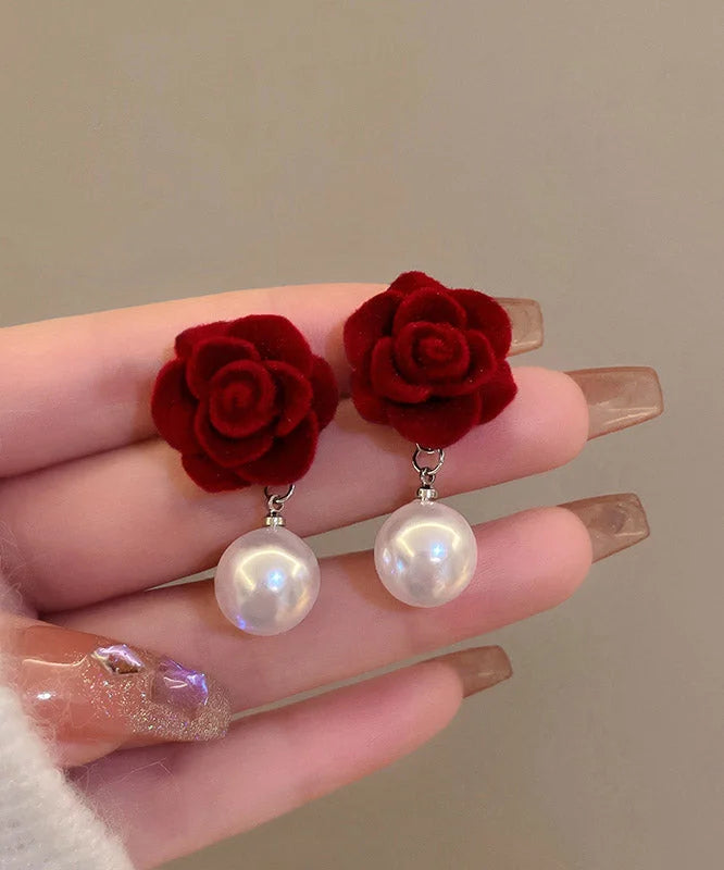 Art Mulberry Flocking Pearl Rose Floral Drop Earrings