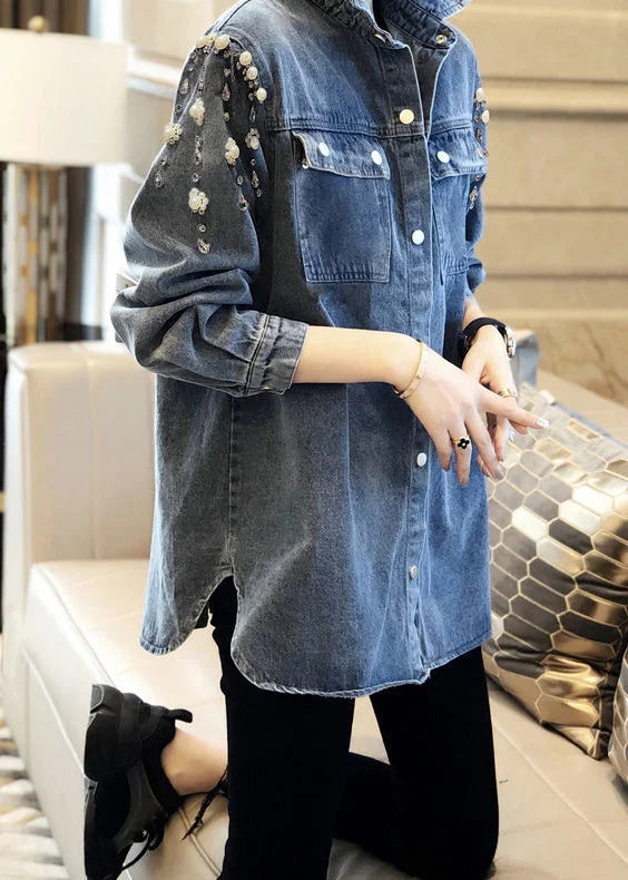 Handmade Blue Square Collar Pearl Patchwork Denim Coats Long Sleeve